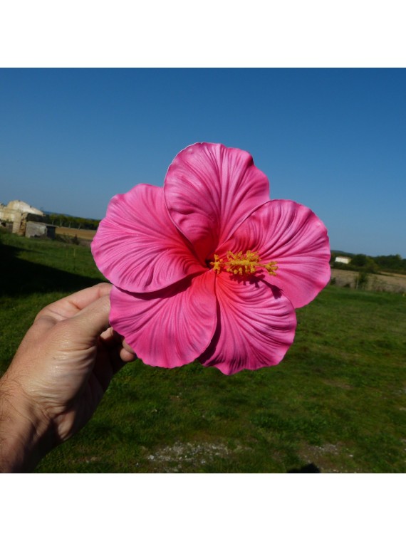 Très gros Hibiscus rose sur tige métal