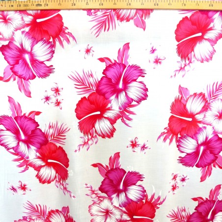 Tissu Tahitien Blanc Hibiscus kekona 