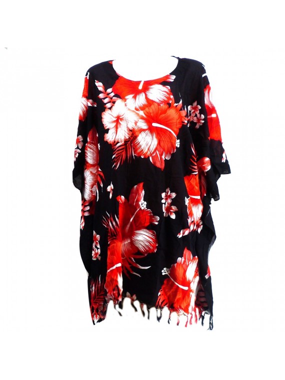 Tunique Femme fond noir hibiscus rouge