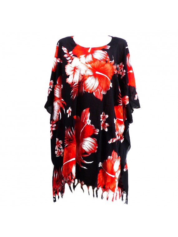 Tunique Femme fond noir hibiscus rouge