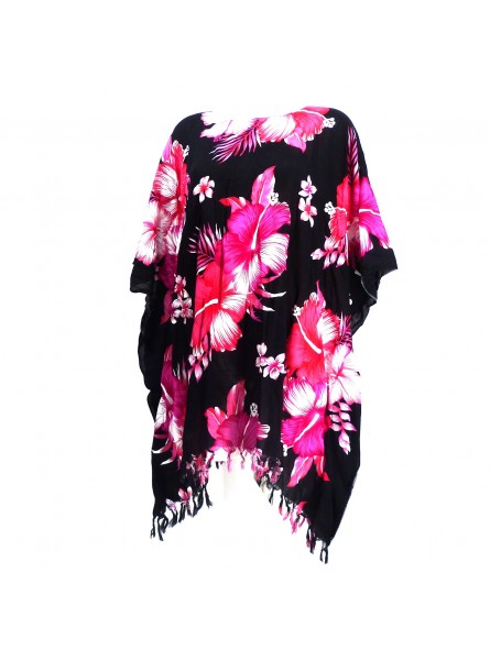 Tunique Femme fond noir hibiscus rose