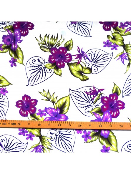 Tissu fond blanc fleurs violet bouquet