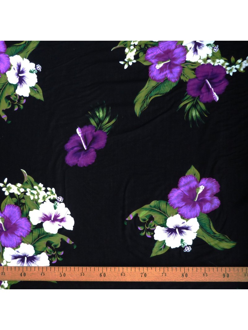 Tissu noir quadruple hibiscus violet