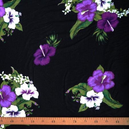 Tissu noir quadruple hibiscus violet