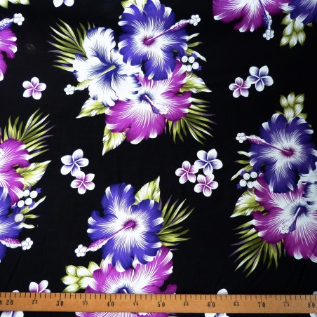 Tissu noir fleurs violet Rangiroa