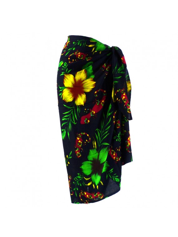 paréo noir et vert hibiscus et margouillat