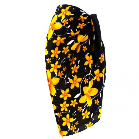 paréo noir fleurs de frangipanes jaunes