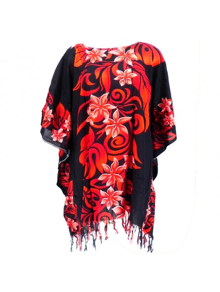 Tunique Femme couleur noir et rouge motifs fleurs tropical