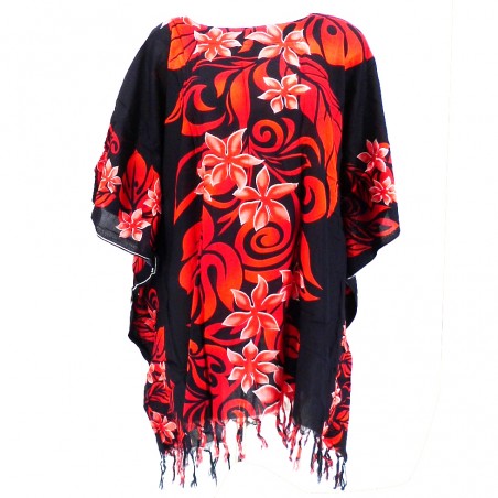 Tunique Femme couleur noir et rouge motifs fleurs tropical