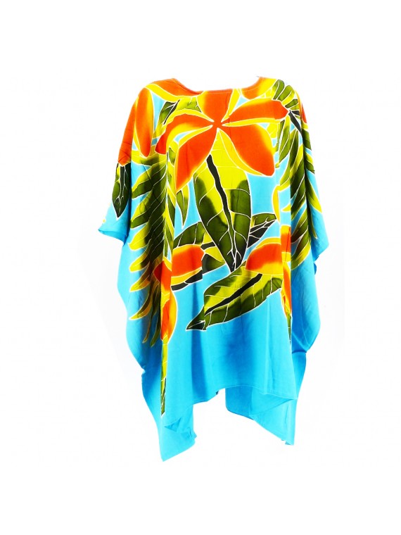 Tunique couleur turquoise motifs 5 frangipanes blanche