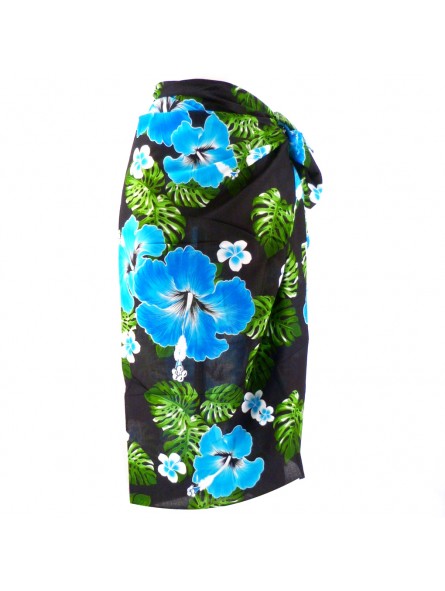 Paréo noir motifs hibiscus bleu