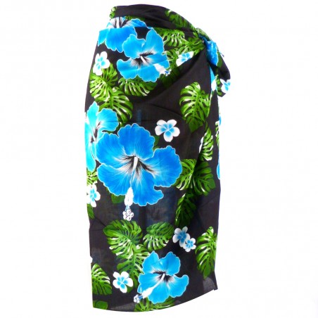 Paréo noir motifs hibiscus bleu