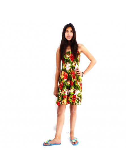 robe enfant couleur verte motifs fleurs hibiscus