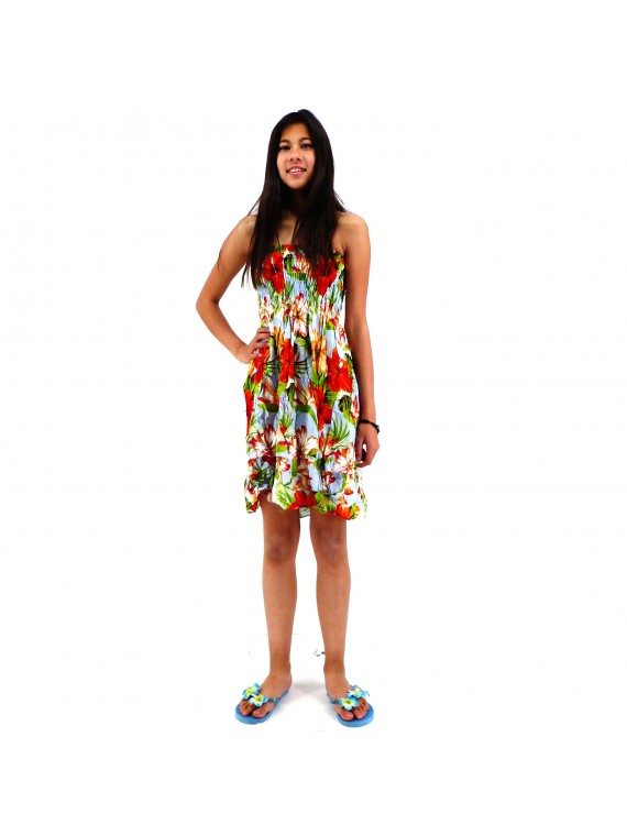 robe enfant couleur bleu ciel motifs fleurs hibiscus