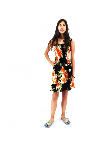 robe enfant couleur noir motif fleurs hibiscus orange