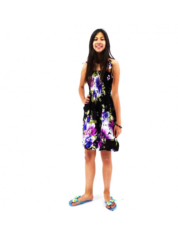 robe enfant couleur noir motif fleurs hibiscus violet
