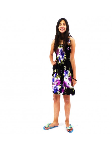 robe enfant couleur noir motif fleurs hibiscus violet