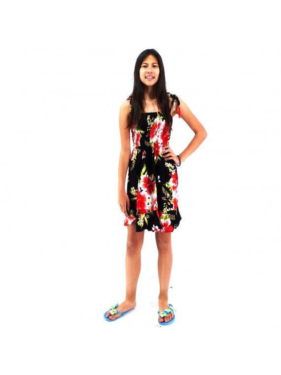 robe enfant couleur noir motif fleurs hibiscus rouge