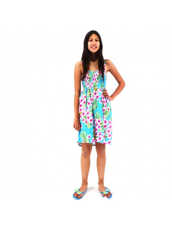 robe d'été enfant couleur turquoise motif imprimé petites fleurs rose
