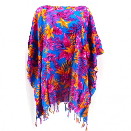 Tunique Femme couleurs bleu, rose et orange motifs fleurs d'été