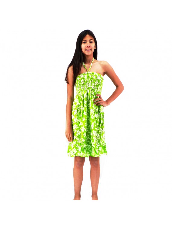 robe enfant couleur verte motifs petite  fleurs de tiaré