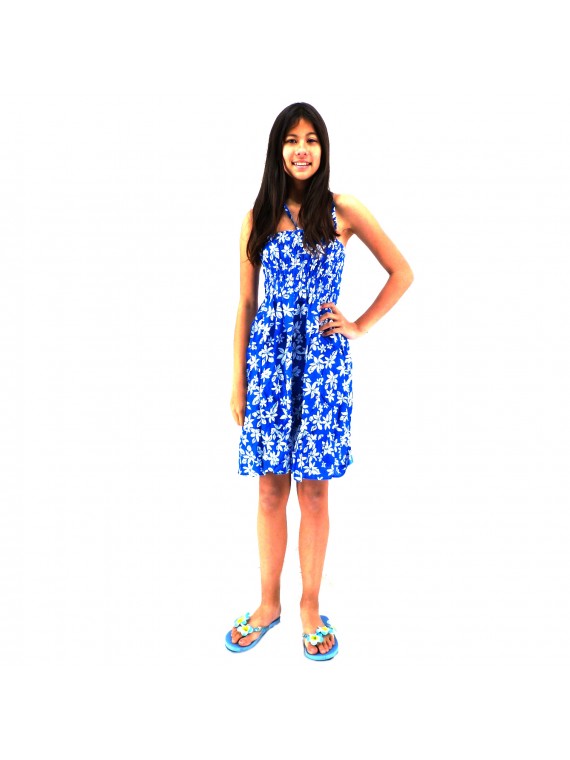 robe enfant couleur bleu motifs petite  fleurs de tiaré