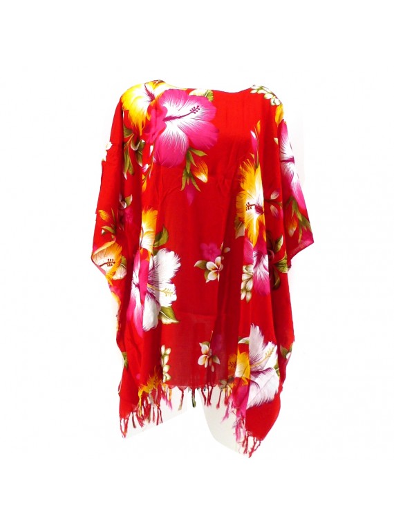 Tunique Femme motif Hibiscus multicolore fond rouge