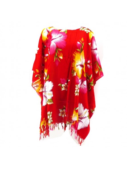 Tunique Femme motif Hibiscus multicolore fond rouge