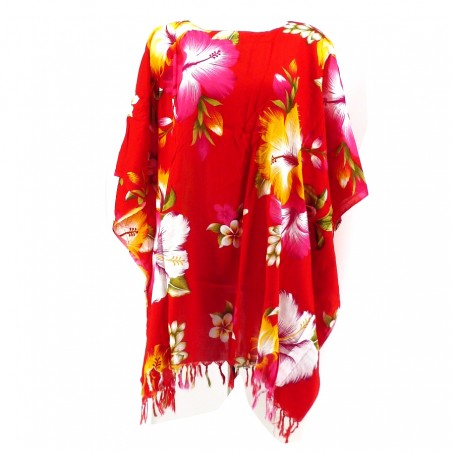 Tunique Femme motif Hibiscus multicolore fond rouge