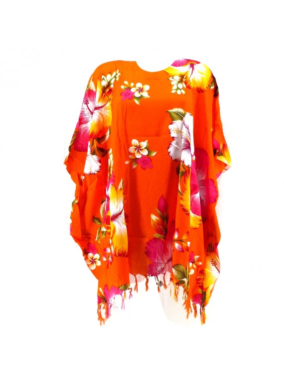 Tunique Femme imrpimé motif Hibiscus multicolore fond orange