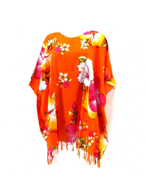 Tunique Femme imrpimé motif Hibiscus multicolore fond orange
