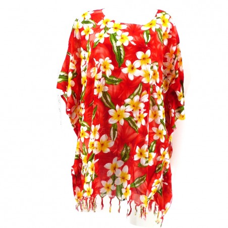 Tunique Femme imprimé motifs Frangipane sur fond rouge