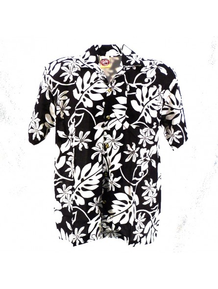 Chemise Hawaïenne Noir motifs petites fleurs Tiaré