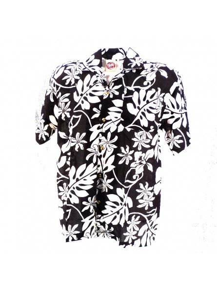 Chemise Hawaïenne Noir motifs petites fleurs Tiaré