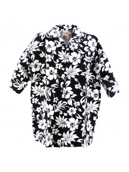 Chemise Hawaïenne couleur noire fleurs blanche