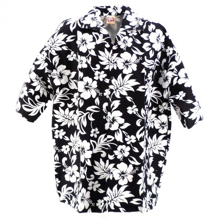 Chemise Hawaïenne couleur noire fleurs blanche