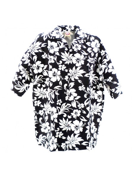 Chemise Hawaïenne couleur noire fleurs blanche