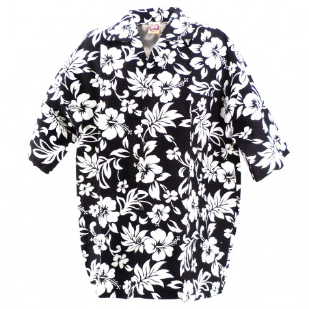 Chemise Hawaïenne couleur noire fleurs blanche