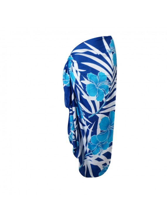 Paréo bleu et blanc grand feuillage et hibiscus