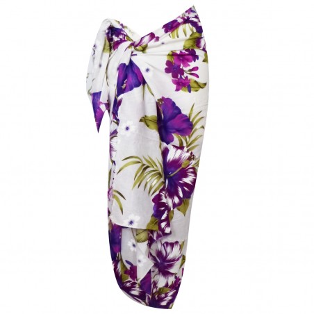 Paréo fond blanc motif hibiscus violet