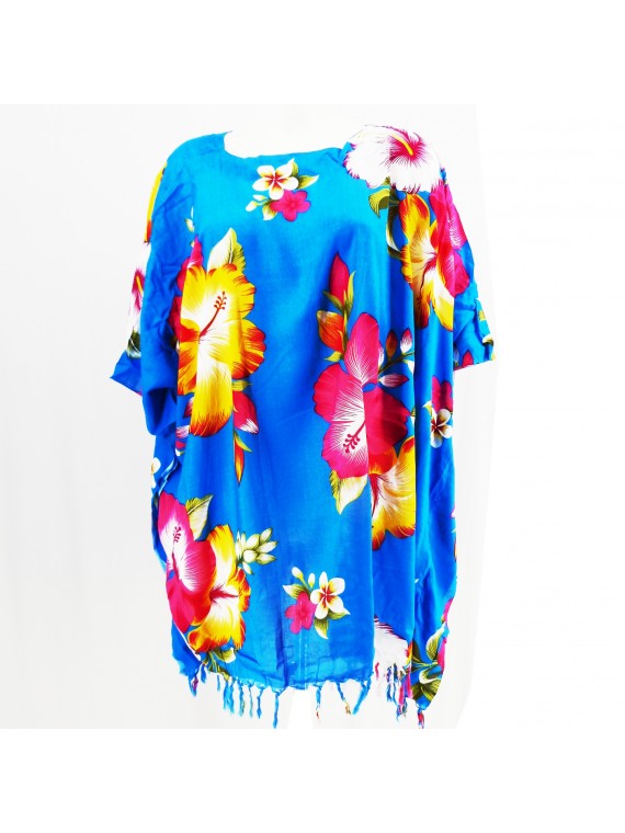 Tunique Femme motifs Hibiscus multicolore fond bleu