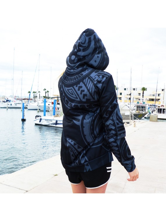 Sweat Shirt Pull capuche  mixte Noir et gris tatouage Rangiroa