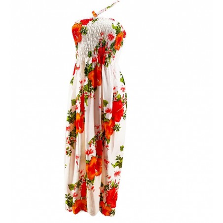 Robe d'été blanche et rouge orangé frise hibiscus