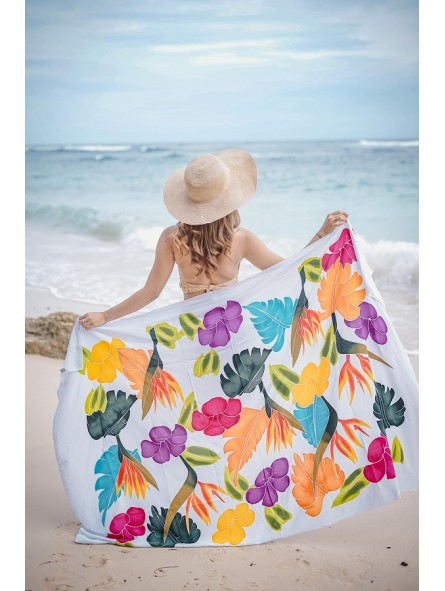 Paréo blanc fleurs multicolores Faaone