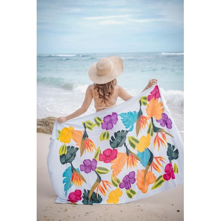 Paréo blanc fleurs multicolores Faaone