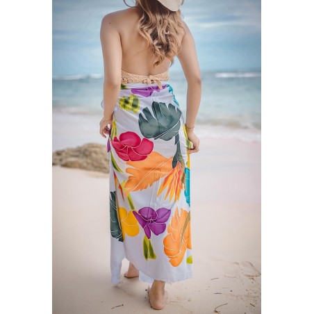 Paréo blanc fleurs multicolores Faaone