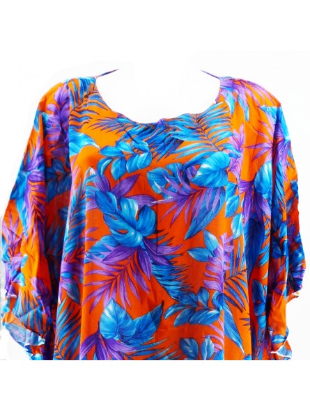 Tunique de plage pour Femme couleur orange et bleu motifs fleurs tropicals