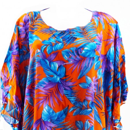 Tunique de plage pour Femme couleur orange et bleu motifs fleurs tropicals