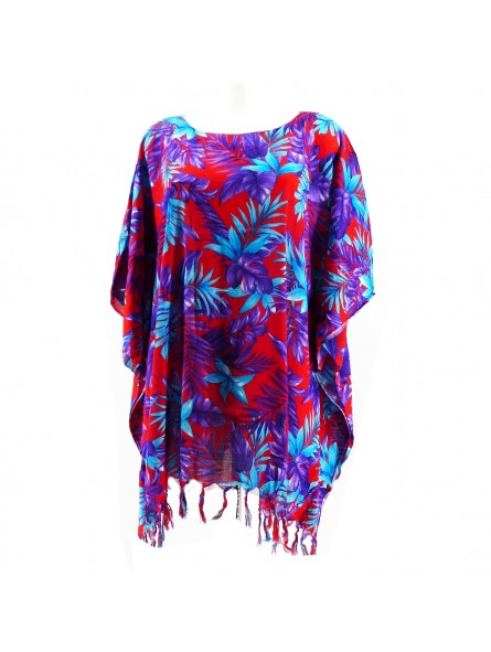 Tunique Femme rouge, bleu, violet motifs fleurs tropical
