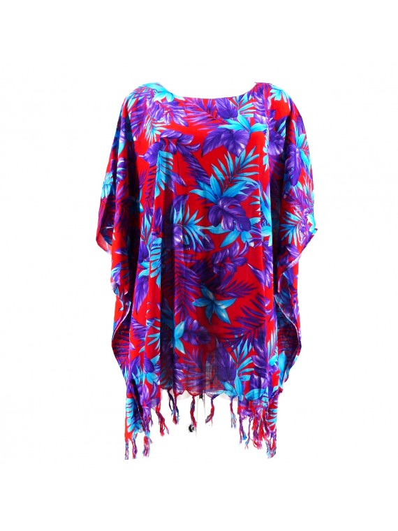 Tunique Femme rouge, bleu, violet motifs fleurs tropical